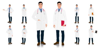 El yapımı sağlık çalışanı. Steteskopla gülümseyen mutlu doktor. Beyaz önlüklü bir doktor poz veriyor. Farklı renk seçenekleri. Vektör düz biçim illüstrasyonu beyaz üzerine izole edildi