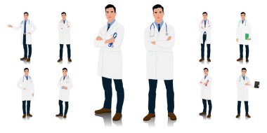 El yapımı sağlık çalışanı. Steteskopla gülümseyen mutlu doktor. Beyaz önlüklü bir doktor poz veriyor. Farklı renk seçenekleri. Vektör düz biçim illüstrasyonu beyaz üzerine izole edildi