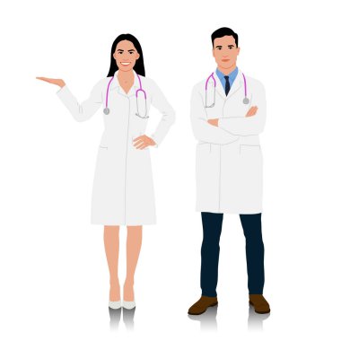 Beyaz önlüklü kadın ve erkek doktorlar. Steteskoplu mutlu gülümseyen doktorlar. Sağlık çalışanları poz veriyor. Farklı renk seçenekleri. Vektör düz biçim illüstrasyonu beyaz üzerine izole edildi