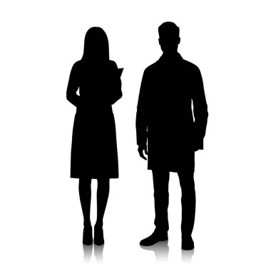 Steteskoplu beyaz önlüklü kadın ve erkek doktorların silueti. Sağlık çalışanları poz veriyor. Farklı renk seçenekleri. Vektör düz biçim illüstrasyonu beyaz üzerine izole edildi