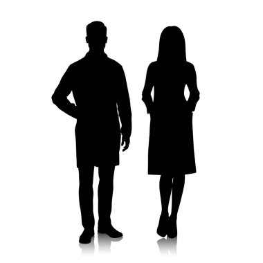 Steteskoplu beyaz önlüklü kadın ve erkek doktorların silueti. Sağlık çalışanları poz veriyor. Farklı renk seçenekleri. Vektör düz biçim illüstrasyonu beyaz üzerine izole edildi