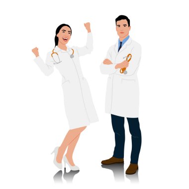 Beyaz önlüklü kadın ve erkek doktorlar. Steteskoplu mutlu gülümseyen doktorlar. Sağlık çalışanları poz veriyor. Farklı renk seçenekleri. Vektör düz biçim illüstrasyonu beyaz üzerine izole edildi