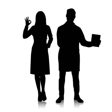 Steteskoplu beyaz önlüklü kadın ve erkek doktorların silueti. Sağlık çalışanları poz veriyor. Farklı renk seçenekleri. Vektör düz biçim illüstrasyonu beyaz üzerine izole edildi