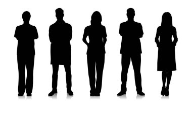 Siluetler beyaz önlüklü erkek ve kadın doktorlar. Steteskoplu mutlu gülümseyen doktorlar. Üniformalı erkek ve kadın hemşireler. Farklı renk seçenekleri. Vektör düz çizim seti izole edildi