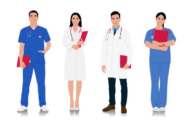 Beyaz önlüklü kadın ve erkek doktorlar. Steteskoplu mutlu gülümseyen doktorlar. Üniformalı erkek ve kadın hemşireler. Farklı renk seçenekleri. Vektör düz biçim çizimi izole edildi