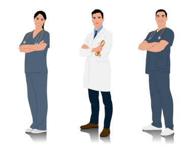 Beyaz önlüklü kadın ve erkek doktorlar. Steteskoplu mutlu gülümseyen doktorlar. Üniformalı erkek ve kadın hemşireler. Farklı renk seçenekleri. Vektör düz biçim çizimi izole edildi
