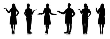 Siluetler beyaz önlüklü erkek ve kadın doktorlar. Steteskoplu mutlu gülümseyen doktorlar. Üniformalı erkek ve kadın hemşireler. Farklı renk seçenekleri. Vektör düz çizim seti izole edildi