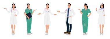 Beyaz önlüklü kadın ve erkek doktorlar. Steteskoplu mutlu gülümseyen doktorlar. Üniformalı erkek ve kadın hemşireler. Farklı renk seçenekleri. Vektör düz biçim çizimi izole edildi