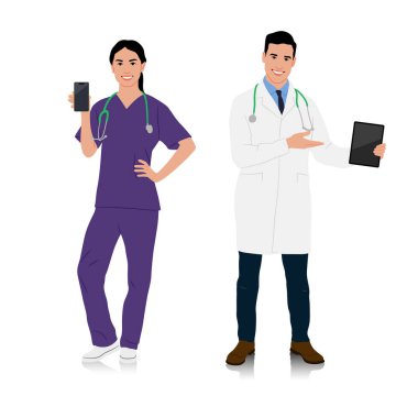 Beyaz önlüklü kadın ve erkek doktorlar. Steteskoplu mutlu gülümseyen doktorlar. Üniformalı erkek ve kadın hemşireler. Farklı renk seçenekleri. Vektör düz biçim çizimi izole edildi