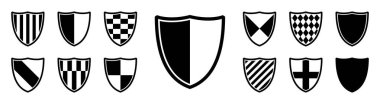 Koruma kalkanı vektörü ayarlandı. Çeşitli şekillerde, çeşitli şekillerde kalkanlar. Korunmayı sembolize eden siyah beyaz simgeler. Vektör düz resimleme
