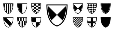 Koruma kalkanı vektörü ayarlandı. Çeşitli şekillerde, çeşitli şekillerde kalkanlar. Korunmayı sembolize eden siyah beyaz simgeler. Vektör düz resimleme
