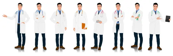 El yapımı sağlık çalışanı. Steteskopla gülümseyen mutlu doktor. Beyaz önlüklü bir doktor poz veriyor. Farklı renk seçenekleri. Vektör düz biçim illüstrasyonu beyaz üzerine izole edildi