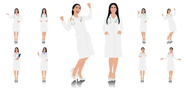 女性医療従事者 ステオスコープで笑顔の医者さん 白いコートのドクターがポーズする 異なる色のオプション ベクトルフラットスタイルのイラストが白に分離 — ストックベクタ