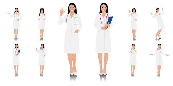 Operatrice Sanitaria Femminile Disegnata Mano Buon Dottore Sorridente Con Uno — Vettoriale Stock