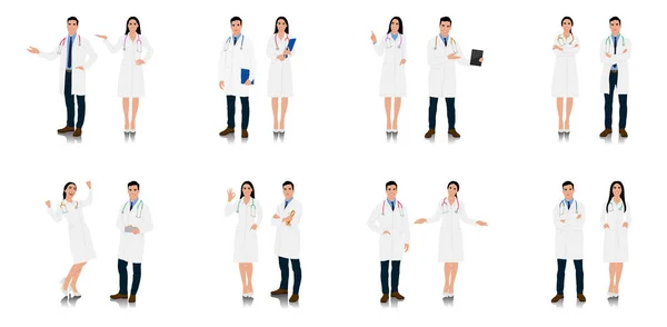 El yapımı erkek ve kadın sağlık çalışanları. Steteskopla gülümseyen mutlu doktor. Beyaz önlüklü bir doktor poz veriyor. Farklı renk seçenekleri. Vektör düz biçim illüstrasyonu beyaz üzerine izole edildi
