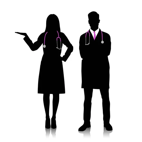 Silhouette Male Female Doctors White Coats Stethoscope Healthcare Workers Pose — Stock Vector
