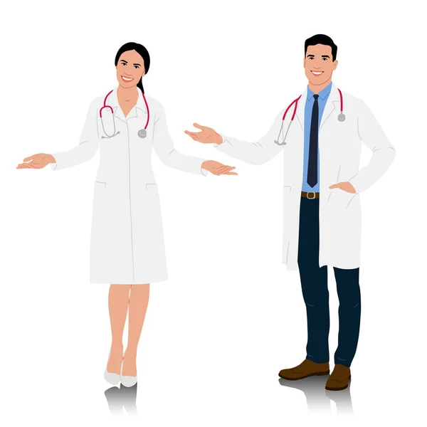 Χειροποίητοι Άνδρες Και Γυναίκες Γιατροί Λευκά Παλτά Ευτυχισμένοι Χαμογελαστοί Γιατροί — Διανυσματικό Αρχείο
