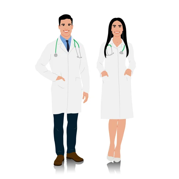 Beyaz önlüklü kadın ve erkek doktorlar. Steteskoplu mutlu gülümseyen doktorlar. Sağlık çalışanları poz veriyor. Farklı renk seçenekleri. Vektör düz biçim illüstrasyonu beyaz üzerine izole edildi