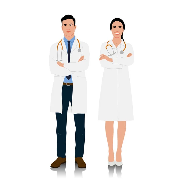 Handgezeichnete Ärztinnen Und Ärzte Weißen Kitteln Glücklich Lächelnde Ärzte Mit — Stockvektor