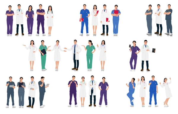 El yapımı erkek ve kadın doktorlar ve hemşireler. Steteskoplu mutlu gülümseyen doktorlar. Üniformalı sağlık görevlileri. Farklı renk seçenekleri. Vektör düz biçim çizimi izole edildi