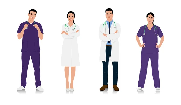 Médicos Doctores Dibujados Mano Batas Blancas Felices Doctores Sonrientes Con — Vector de stock