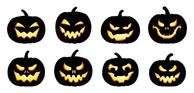 Farklı korkunç yüzlü Cadılar Bayramı balkabakları. Beyaz balkabağı siluetleri. Jack-O-Lantern düz simgeleri