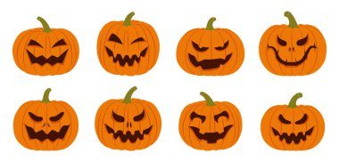Farklı korkunç yüzlü Cadılar Bayramı balkabakları. Beyaz balkabağı siluetleri. Jack-O-Lantern düz simgeleri
