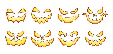 Cadılar Bayramı kabağı korkunç yüzler. Beyazlar üzerinde izole edilmiş bir grup Cadılar Bayramı korkunç yüz silueti. Jack-O-Lantern düz simgeleri