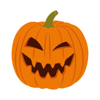 Korkunç suratlı Cadılar Bayramı kabağı. Beyaz, tüyler ürpertici gülüşlü balkabağı. Beyaz üzerine izole edilmiş Jack-O-Lantern vektör çizimi