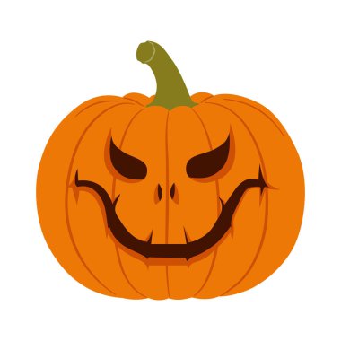 Korkunç suratlı Cadılar Bayramı kabağı. Beyaz, tüyler ürpertici gülüşlü balkabağı. Beyaz üzerine izole edilmiş Jack-O-Lantern vektör çizimi