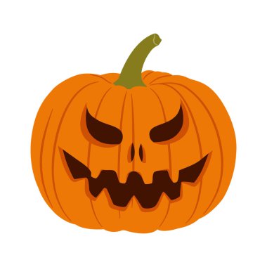 Korkunç suratlı Cadılar Bayramı kabağı. Beyaz, tüyler ürpertici gülüşlü balkabağı. Beyaz üzerine izole edilmiş Jack-O-Lantern vektör çizimi