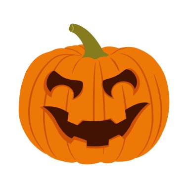 Korkunç suratlı Cadılar Bayramı kabağı. Beyaz, tüyler ürpertici gülüşlü balkabağı. Beyaz üzerine izole edilmiş Jack-O-Lantern vektör çizimi