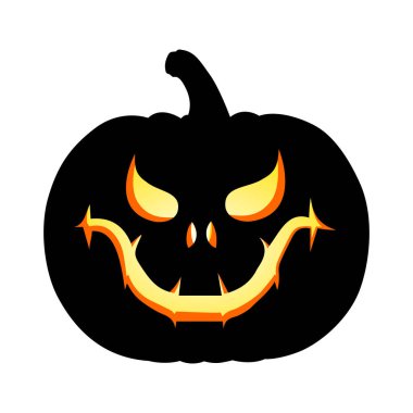 Korkunç suratlı Cadılar Bayramı kabağı. Beyaz, tüyler ürpertici gülüşü olan balkabağı silueti. Beyaz üzerine izole edilmiş Jack-O-Lantern vektör çizimi