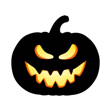 Korkunç suratlı Cadılar Bayramı kabağı. Beyaz, tüyler ürpertici gülüşü olan balkabağı silueti. Beyaz üzerine izole edilmiş Jack-O-Lantern vektör çizimi
