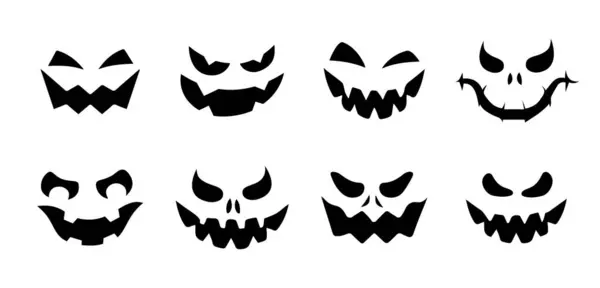 Cadılar Bayramı kabağı korkunç yüzler. Beyazlar üzerinde izole edilmiş bir grup Cadılar Bayramı korkunç yüz silueti. Jack-O-Lantern düz simgeleri