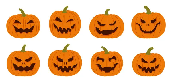 Halloweenpompoenen Met Verschillende Enge Gezichten Set Van Halloween Pompoen Silhouetten — Stockvector