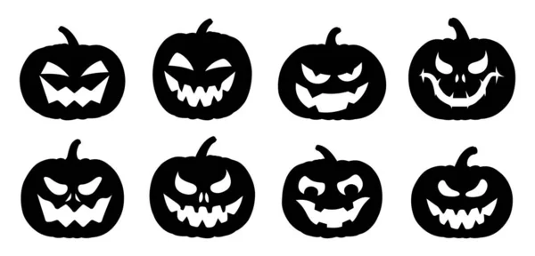 Halloween Kürbisse Mit Unterschiedlichen Gruselgesichtern Set Von Halloween Kürbissilhouetten Isoliert lizenzfreie Stockvektoren