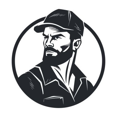 Üniformalı inşaat işçisi. Logo tarzı klipsleme. Basit bir sanat eseri portresi. Minimalist işçi logosu. Şeffaf PNG. Vektör illüstrasyonu beyazda izole edildi