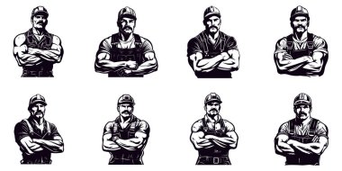 Üniformalı inşaat işçisi. Logo tarzı klipsleme. Basit bir sanat eseri portresi. Minimalist işçi logosu. Şeffaf PNG. Vektör illüstrasyonu beyazda izole edildi