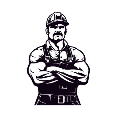 Üniformalı inşaat işçisi. Logo tarzı klipsleme. Basit bir sanat eseri portresi. Minimalist işçi logosu. Şeffaf PNG. Vektör illüstrasyonu beyazda izole edildi
