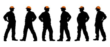 İnşaat işçisi kask takıp iş başında poz veriyor. Üniformalı bir depo işçisi. Şeffaf PNG. Retro clipart. İşçi silueti seti. Soyut vektör çizimi beyaza izole edildi
