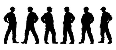 İnşaat işçisi kask takıp iş başında poz veriyor. Üniformalı bir depo işçisi. Şeffaf PNG. Retro clipart. İşçi silueti seti. Soyut vektör çizimi beyaza izole edildi