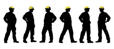 İnşaat işçisi kask takıp iş başında poz veriyor. Üniformalı bir depo işçisi. Şeffaf PNG. Retro clipart. İşçi silueti seti. Soyut vektör çizimi beyaza izole edildi