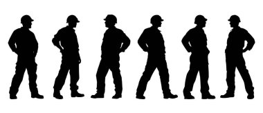 İnşaat işçisi kask takıp iş başında poz veriyor. Üniformalı bir depo işçisi. Şeffaf PNG. Retro clipart. İşçi silueti seti. Soyut vektör çizimi beyaza izole edildi