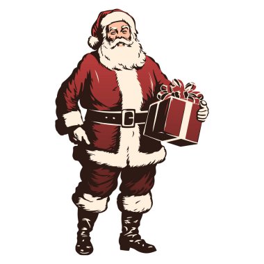 Noel Baba 'nın hediyesi. Hediye kutusuyla mutlu Noel Baba. Noel Baba 'dan Noel hediyesi. Retro Vintage Noel Baba klibi. Şeffaf PNG. Vektör illüstrasyonu beyazda izole edildi