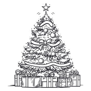 Hediyeli Noel ağacı. Noel ağacı şenlikli süslemeler, toplar ve çelenklerle süslenir. Noel sabahı Noel Baba 'dan çocuklara hediyeler. Vektör izole illüstrasyon. PNG