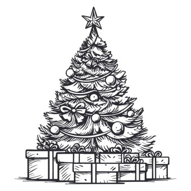 Hediyeli Noel ağacı. Noel ağacı şenlikli süslemeler, toplar ve çelenklerle süslenir. Noel sabahı Noel Baba 'dan çocuklara hediyeler. Vektör izole illüstrasyon. PNG