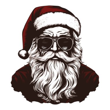 Güneş gözlüklü havalı Noel Baba. Retro Vintage Noel Baba klibi. Basit Noel Baba sanatı. Noel Baba 'nın logosu. Vektör illüstrasyonu beyazda izole edildi.