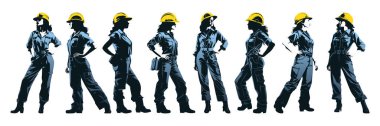 Miğferi ve işi olan kadın inşaat işçisi. Farklı pozlar ve renk seçenekleriyle çalışan bir grup kadın. Üniformalı kadın işçilerin silueti. Vektör illüstrasyonu beyazda izole edildi