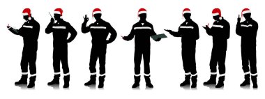 Noel Baba şapkalı tamirci. Noel şapkası takan ve güvenlik bantları takan bir grup erkek inşaat işçisi. Farklı pozlar. Noel renklerinde üniforma. Vektör illüstrasyon seti beyaz üzerine izole edildi